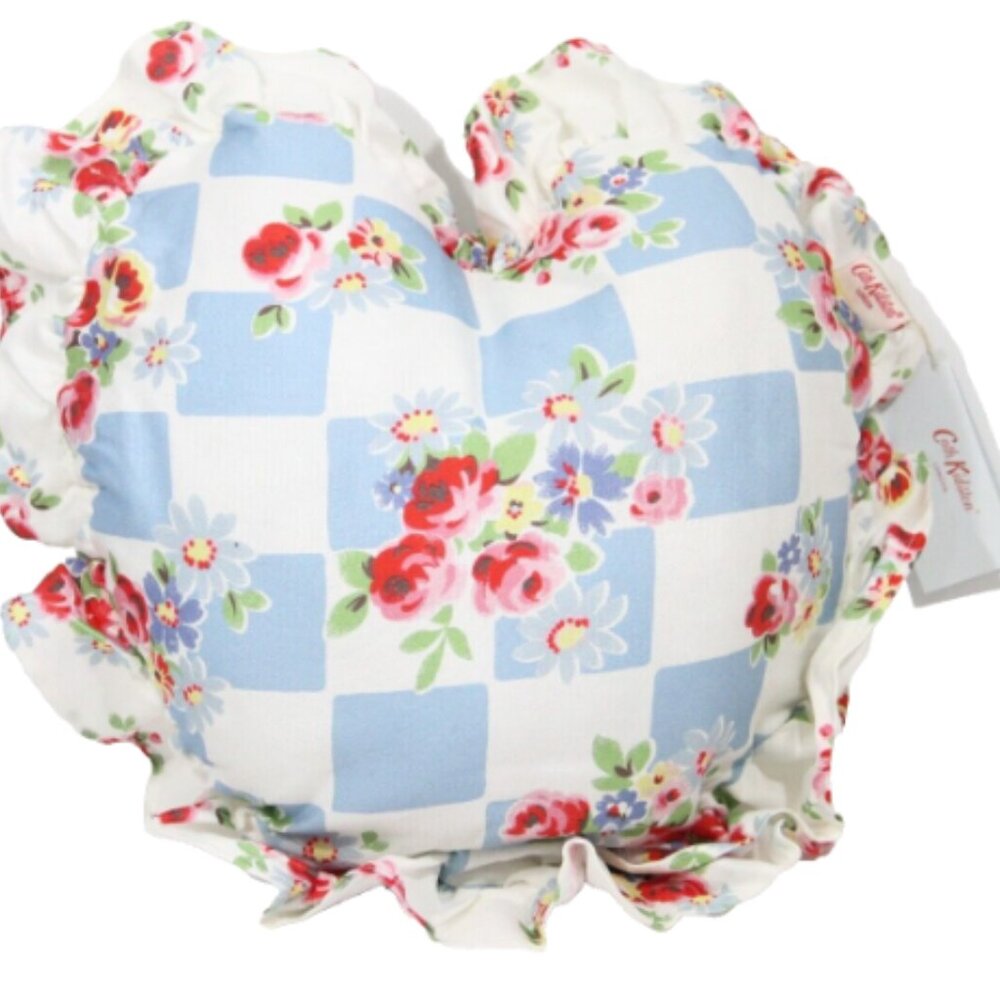 Cath Kidston Pillow NEW Daisy Rose Check Ruffles Blue Floral Heart Shaped
